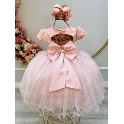 Vestido Infantil Salmão Bordado e Apliques de Flores Pérolas
