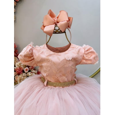 Vestido Infantil Salmão Bordado e Apliques de Flores Pérolas