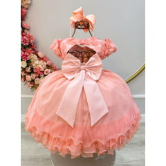 Vestido Infantil Salmão C/ Apliques de Flores e Renda Luxo