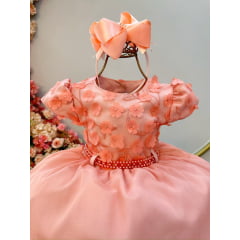 Vestido Infantil Salmão C/ Apliques de Flores e Renda Luxo