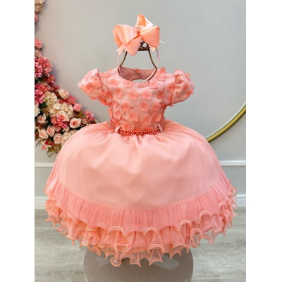 Vestido Infantil Salmão C/ Apliques de Flores e Renda Luxo