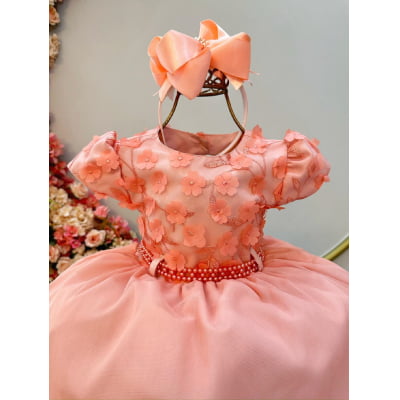 Vestido Infantil Salmão C/ Apliques de Flores e Renda Luxo