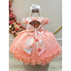 Vestido Infantil Salmão e Saia Babados Busto Florido Strass