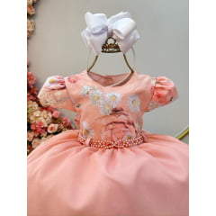 Vestido Infantil Salmão e Saia Babados Busto Florido Strass