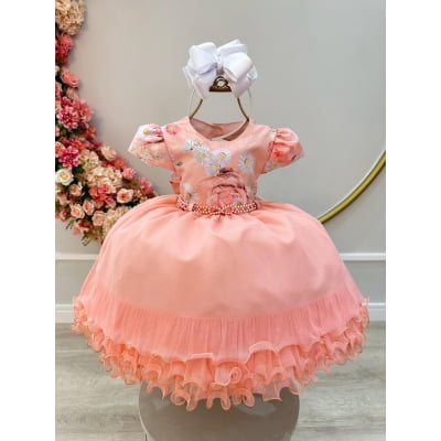 Vestido Infantil Salmão e Saia Babados Busto Florido Strass