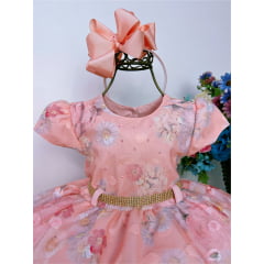 Vestido Infantil Salmão Florido C/ Bolinhas e Strass Luxo