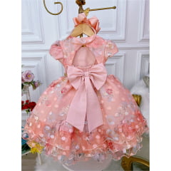 Vestido Infantil Salmão Florido C/ Bolinhas e Strass Luxo