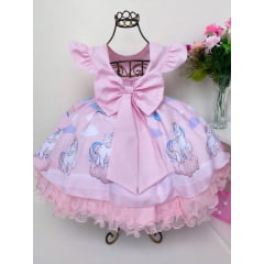 Vestido Infantil Unicórnio Rosa Cinto Pérolas Babados