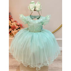 Vestido Infantil Verde Busto Com Renda e Strass Daminhas