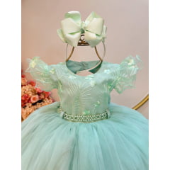 Vestido Infantil Verde Busto Com Renda e Strass Daminhas