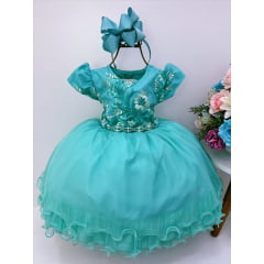 Vestido Infantil Verde C/ Renda Cinto Pérolas Princesas