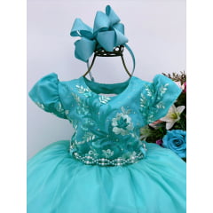 Vestido Infantil Verde C/ Renda Cinto Pérolas Princesas