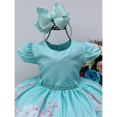 Vestido Infantil Verde Busto C/ Strass e Pérolas Florido