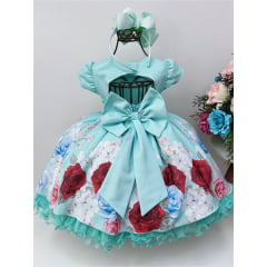 Vestido Infantil Verde Busto C/ Strass e Pérolas Florido