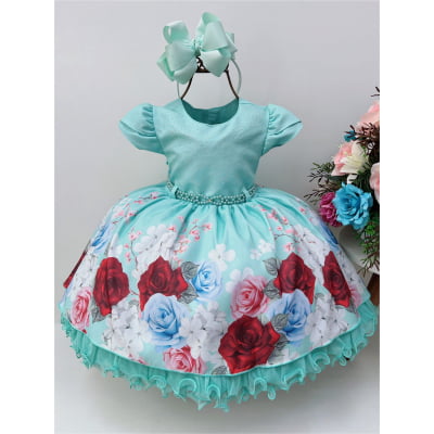 Vestido Infantil Verde Busto C/ Strass e Pérolas Florido