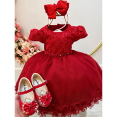 Vestido Infantil Vermelho Bordado e Cinto de Pérolas Luxo