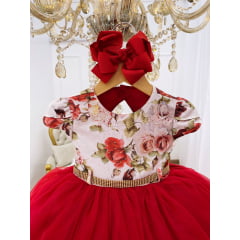 Vestido Infantil Vermelho Busto Floral Saia Cinto Strass