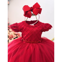 Vestido Infantil Vermelho Busto Nervura C/ Apliques Daminha