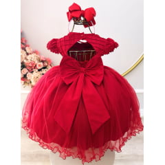 Vestido Infantil Vermelho Busto Nervura C/ Apliques Daminha