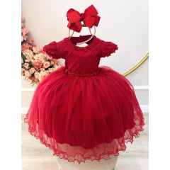 Vestido Infantil Vermelho Busto Nervura C/ Apliques Daminha