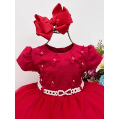 Vestido Infantil Vermelho C/ Aplique de Borboletas e Pérolas