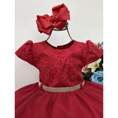 Vestido Infantil Vermelho C/ Renda Paetê Cinto de Strass