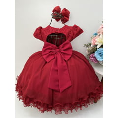 Vestido Infantil Vermelho C/ Renda Paetê Cinto de Strass