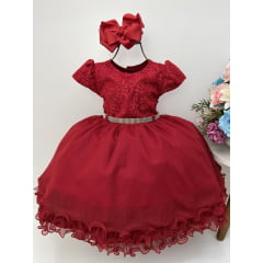 Vestido Infantil Vermelho C/ Renda Paetê Cinto de Strass