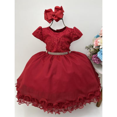 Vestido Infantil Vermelho C/ Renda Paetê Cinto de Strass