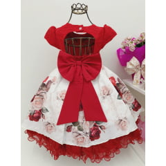 Vestido Infantil Vermelho Floral Luxo e Renda Pérolas