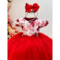 Vestido Infantil Vermelho Florido Busto C/ Pérolas Luxo