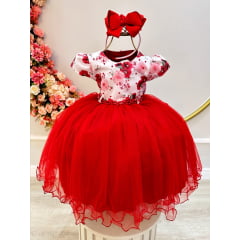 Vestido Infantil Vermelho Florido Busto C/ Pérolas Luxo