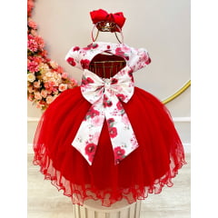 Vestido Infantil Vermelho Florido Busto C/ Pérolas Luxo