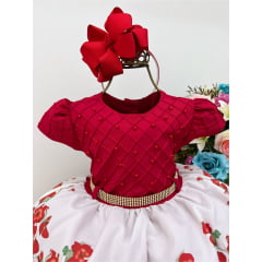 Vestido Infantil Vermelho Peito C/ Nervura Pérola Florido