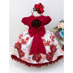 Vestido Infantil Vermelho Busto C/ Nervura Pérola Florido