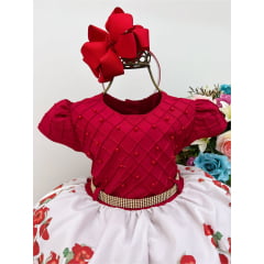 Vestido Infantil Vermelho Busto C/ Nervura Pérola Florido