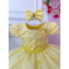 Vestido Infantil Amarelo Renda Aplique Flor Borboleta e Laço