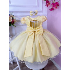 Vestido Infantil Amarelo Renda Aplique Flor Borboleta e Laço