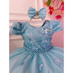 Vestido Infantil Azul Renda Aplique Flor Borboleta e Laço