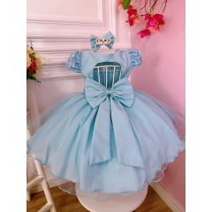 Vestido Infantil Azul Renda Aplique Flor Borboleta e Laço