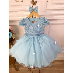 Vestido Infantil Azul Renda Aplique Flor Borboleta e Laço