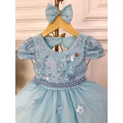 Vestido Infantil Azul Renda Aplique Flor Borboleta e Laço