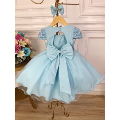 Vestido Infantil Azul Renda Aplique Flor Borboleta e Laço