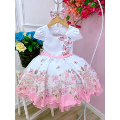 Vestido Infantil Branco Jardim das Borboletas Laço e Pérolas
