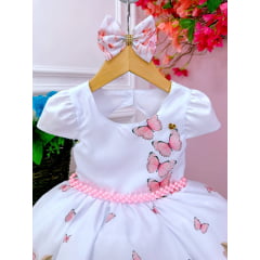 Vestido Infantil Branco Jardim das Borboletas Laço e Pérolas