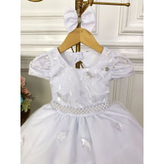 Vestido Infantil Branco Renda Aplique Flor Borboleta e Laço