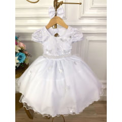Vestido Infantil Branco Renda Aplique Flor Borboleta e Laço