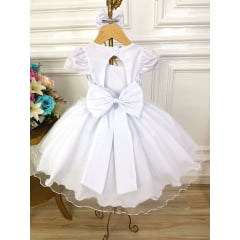 Vestido Infantil Branco Renda Aplique Flor Borboleta e Laço
