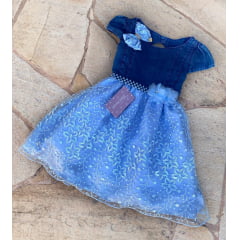 Vestido Infantil Busto Jeans Saia Rendada Azul C/ Laço de Cabelo Luxo