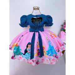 Vestido Infantil Princesas Rosa e Jeans Com Pérolas